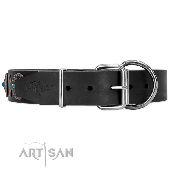 Black leather dog collar with rust-resistant buckle and D-ring