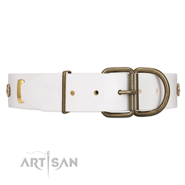  White Leather Dog Collar with Reliable Hardware for Improved Control